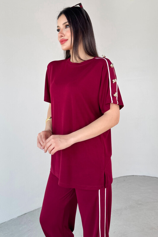 TKM-13300 Bordo Omuz Düğmeli Oversize Tişört & Salaş Pantolon Şeritli İkili Takım - 8