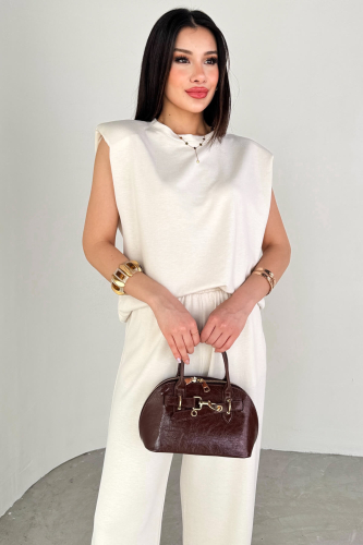 TKM-13301 Ekru Vatkalı Bluz & Bel Lastikli Salaş Pantolon İkili Takım - 5