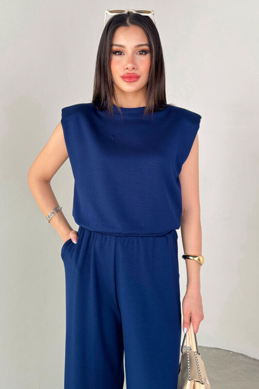 TKM-13301 Lacivert Vatkalı Bluz & Bel Lastikli Salaş Pantolon İkili Takım - 3