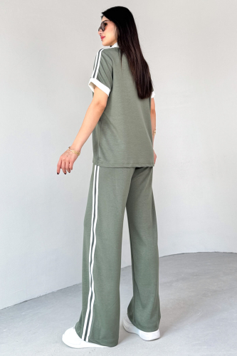 TKM-13304 Mint Yeşili Modal Kumaş Polo Düğmeli Yaka Tişört & Salaş Pantolon Çizgili İkili Takım - 3