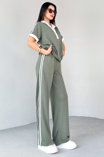 TKM-13304 Mint Yeşili Modal Kumaş Polo Düğmeli Yaka Tişört & Salaş Pantolon Çizgili İkili Takım - 4