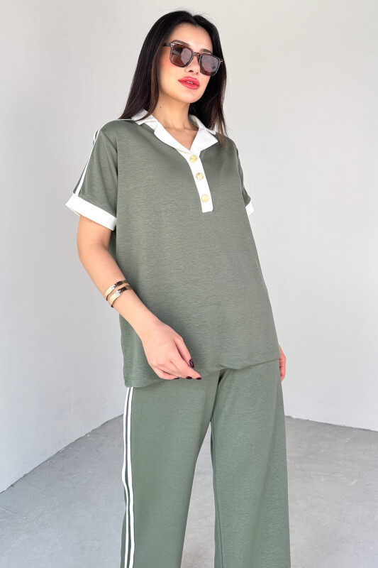 TKM-13304 Mint Yeşili Modal Kumaş Polo Düğmeli Yaka Tişört & Salaş Pantolon Çizgili İkili Takım - 2