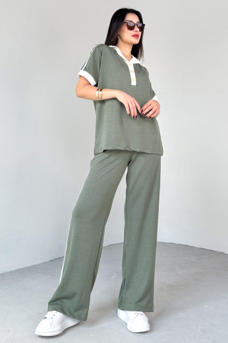 TKM-13304 Mint Yeşili Modal Kumaş Polo Düğmeli Yaka Tişört & Salaş Pantolon Çizgili İkili Takım - 5
