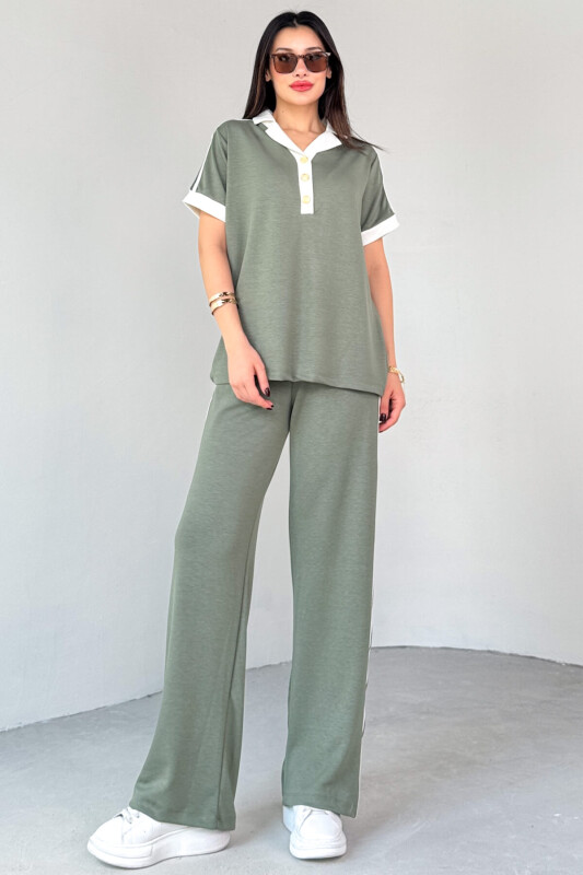 TKM-13304 Mint Yeşili Modal Kumaş Polo Düğmeli Yaka Tişört & Salaş Pantolon Çizgili İkili Takım - 6