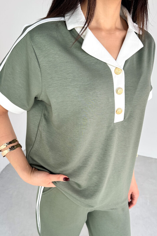 TKM-13304 Mint Yeşili Modal Kumaş Polo Düğmeli Yaka Tişört & Salaş Pantolon Çizgili İkili Takım - 8