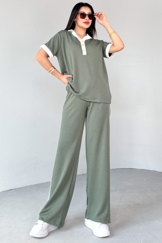 TKM-13304 Mint Yeşili Modal Kumaş Polo Düğmeli Yaka Tişört & Salaş Pantolon Çizgili İkili Takım 