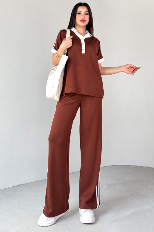 TKM-13304 Taba Modal Kumaş Polo Düğmeli Yaka Tişört & Salaş Pantolon Çizgili İkili Takım - 1