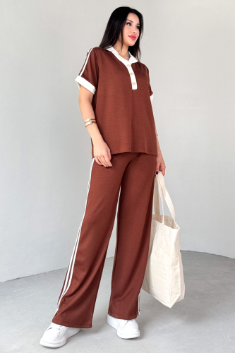 TKM-13304 Taba Modal Kumaş Polo Düğmeli Yaka Tişört & Salaş Pantolon Çizgili İkili Takım - 3