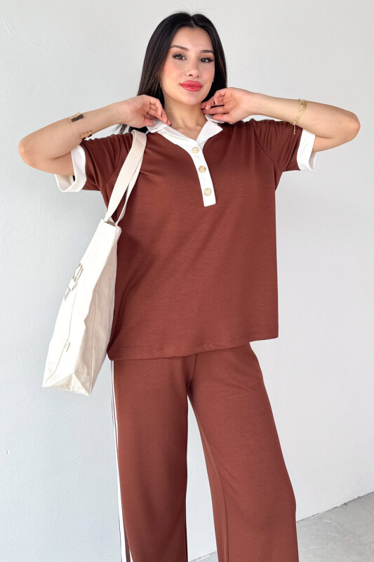 TKM-13304 Taba Modal Kumaş Polo Düğmeli Yaka Tişört & Salaş Pantolon Çizgili İkili Takım - 2