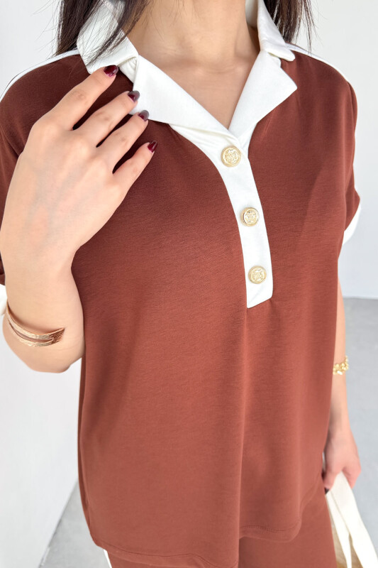 TKM-13304 Taba Modal Kumaş Polo Düğmeli Yaka Tişört & Salaş Pantolon Çizgili İkili Takım - 5