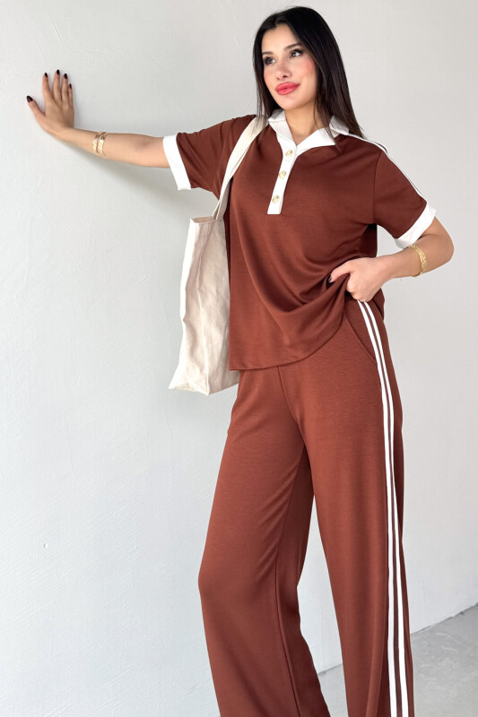 TKM-13304 Taba Modal Kumaş Polo Düğmeli Yaka Tişört & Salaş Pantolon Çizgili İkili Takım - 6