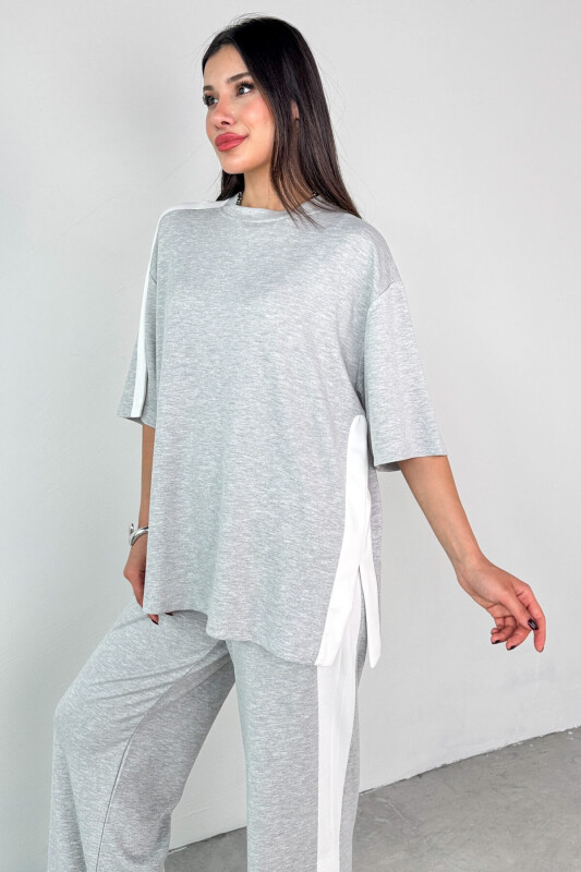 TKM-13307 Gri Şerit Detaylı Oversize Tişört & Cepli Salaş Pantolon İkili Takım - 4