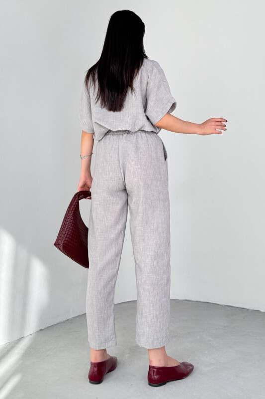 TKM-13309 Gri Polo Yaka Oversize Tişört & Bağlama Detaylı Havuç Pantolon İkili Takım - 3