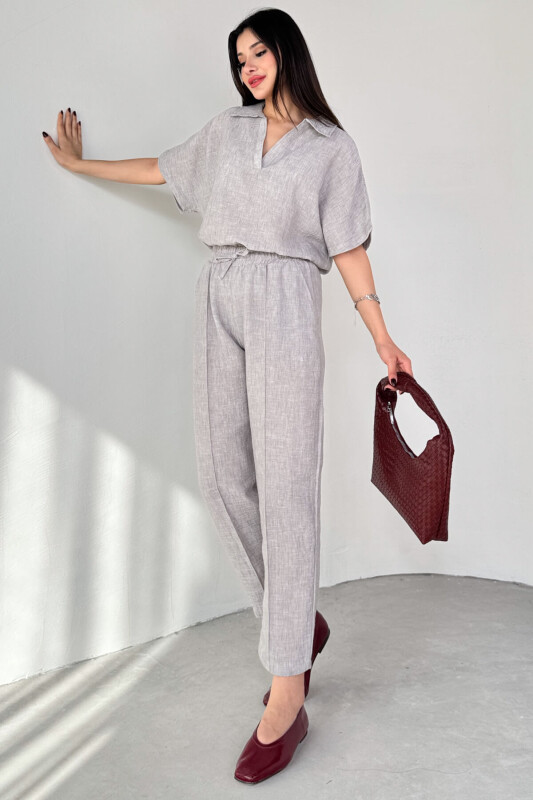 TKM-13309 Gri Polo Yaka Oversize Tişört & Bağlama Detaylı Havuç Pantolon İkili Takım - 5