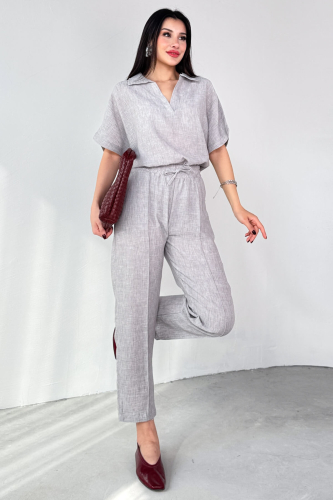 TKM-13309 Gri Polo Yaka Oversize Tişört & Bağlama Detaylı Havuç Pantolon İkili Takım 
