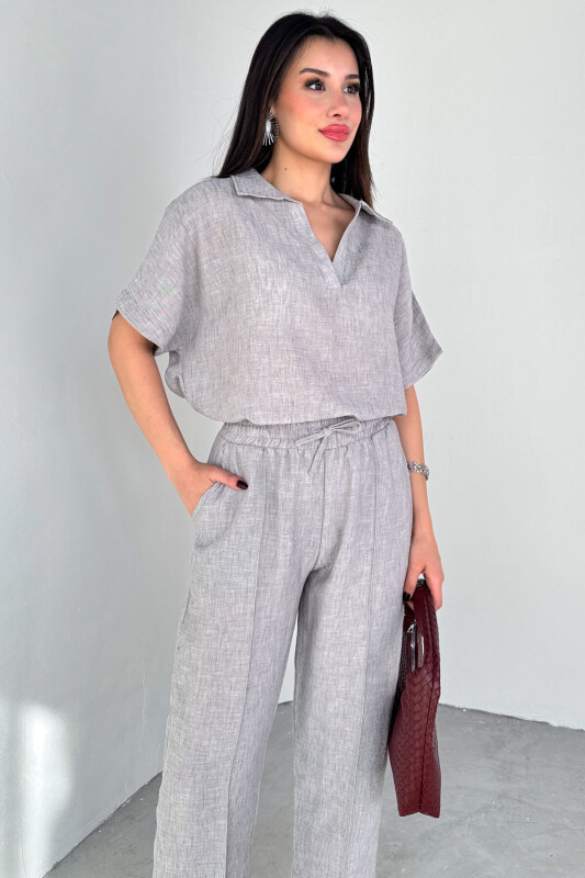 TKM-13309 Gri Polo Yaka Oversize Tişört & Bağlama Detaylı Havuç Pantolon İkili Takım - 2