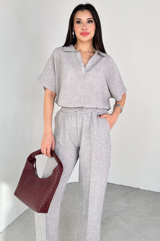 TKM-13309 Gri Polo Yaka Oversize Tişört & Bağlama Detaylı Havuç Pantolon İkili Takım - 8