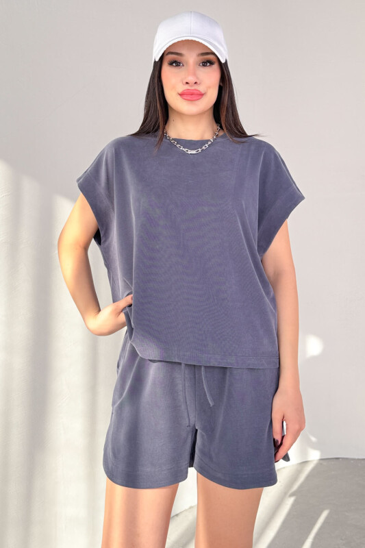 TKM-13311 Füme Yarasa Kol Tişört & Yırtmaç Detaylı Şort Modal Kumaş İkili Takım - 4