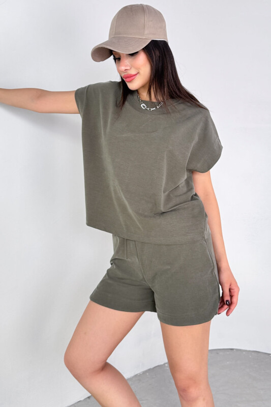 TKM-13311 Haki Yarasa Kol Tişört & Yırtmaç Detaylı Şort Modal Kumaş İkili Takım - 4