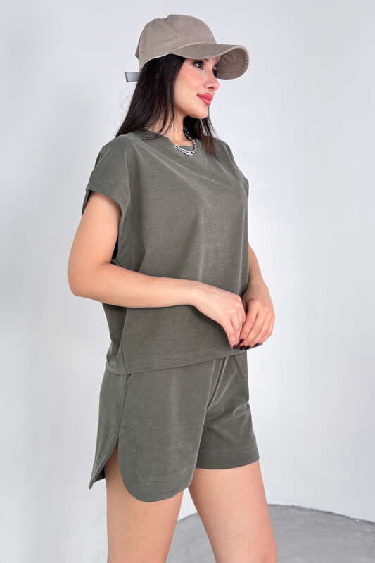 TKM-13311 Haki Yarasa Kol Tişört & Yırtmaç Detaylı Şort Modal Kumaş İkili Takım - 7