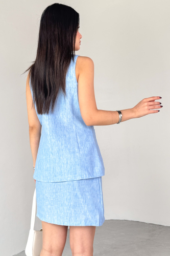 TKM-13313 Mavi Modern Fit Düğmeli Yelek & Fermuar Detaylı Mini Etek Keten İkili Takım - 4