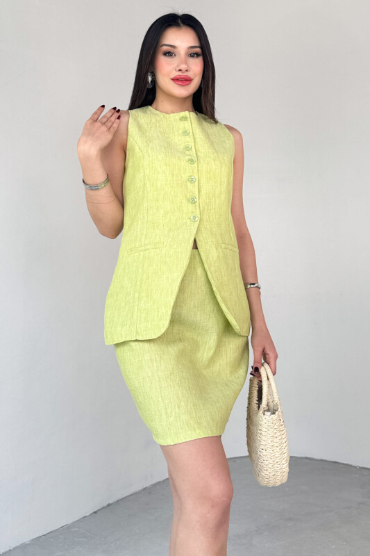 TKM-13313 Yağ Yeşili Modern Fit Düğmeli Yelek & Fermuar Detaylı Mini Etek Keten İkili Takım - 4
