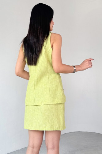 TKM-13313 Yağ Yeşili Modern Fit Düğmeli Yelek & Fermuar Detaylı Mini Etek Keten İkili Takım - 3