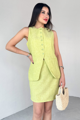TKM-13313 Yağ Yeşili Modern Fit Düğmeli Yelek & Fermuar Detaylı Mini Etek Keten İkili Takım - 1
