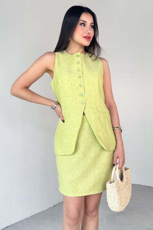 TKM-13313 Yağ Yeşili Modern Fit Düğmeli Yelek & Fermuar Detaylı Mini Etek Keten İkili Takım - 1