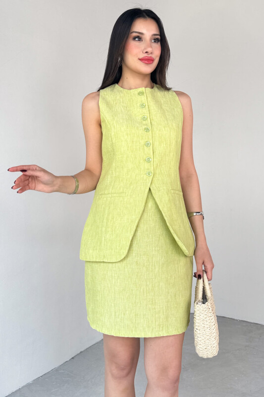 TKM-13313 Yağ Yeşili Modern Fit Düğmeli Yelek & Fermuar Detaylı Mini Etek Keten İkili Takım - 5