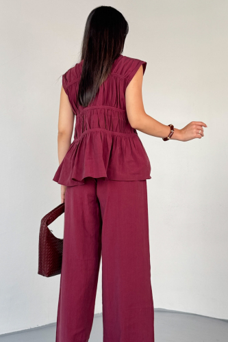 TKM-13317 Bordo Volanlı Bluz & Bağlama Detaylı Salaş Pantolon İkili Takım - 4