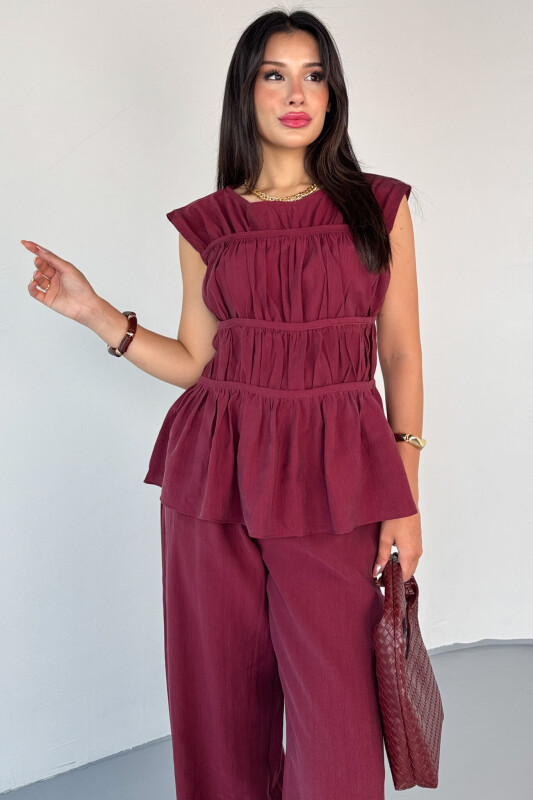 TKM-13317 Bordo Volanlı Bluz & Bağlama Detaylı Salaş Pantolon İkili Takım - 2