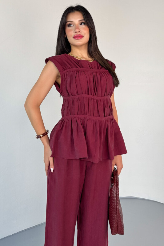 TKM-13317 Bordo Volanlı Bluz & Bağlama Detaylı Salaş Pantolon İkili Takım - 7