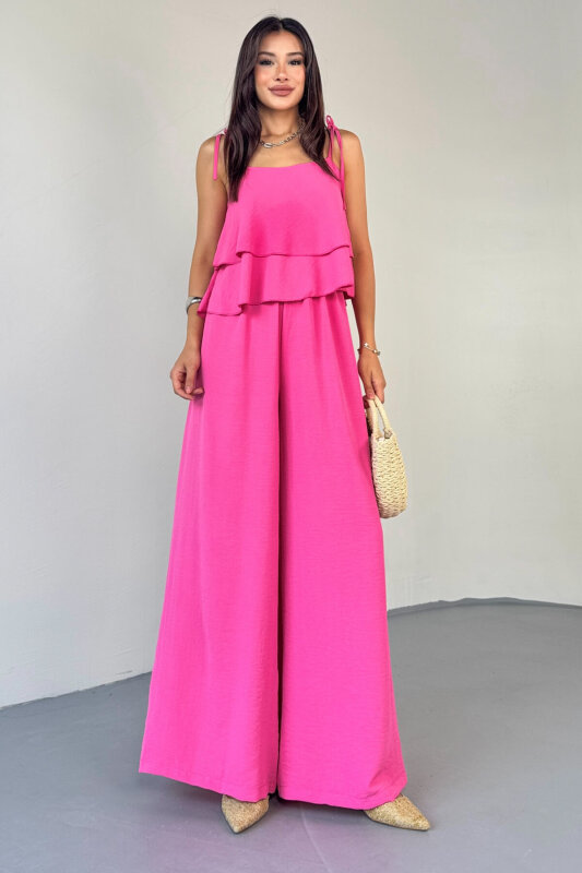 TKM-13323 Pembe Ayarlanabilir Askılı Dökümlü Bluz & Bel Lastikli Salaş Pantolon Koton İkili Takım - 3