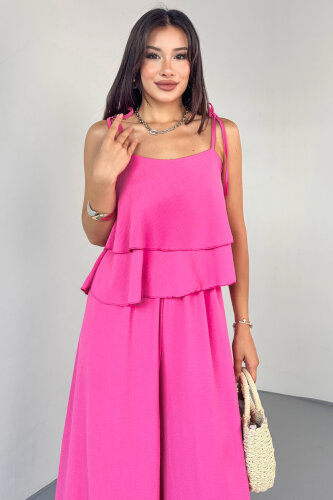 TKM-13323 Pembe Ayarlanabilir Askılı Dökümlü Bluz & Bel Lastikli Salaş Pantolon Koton İkili Takım - 5