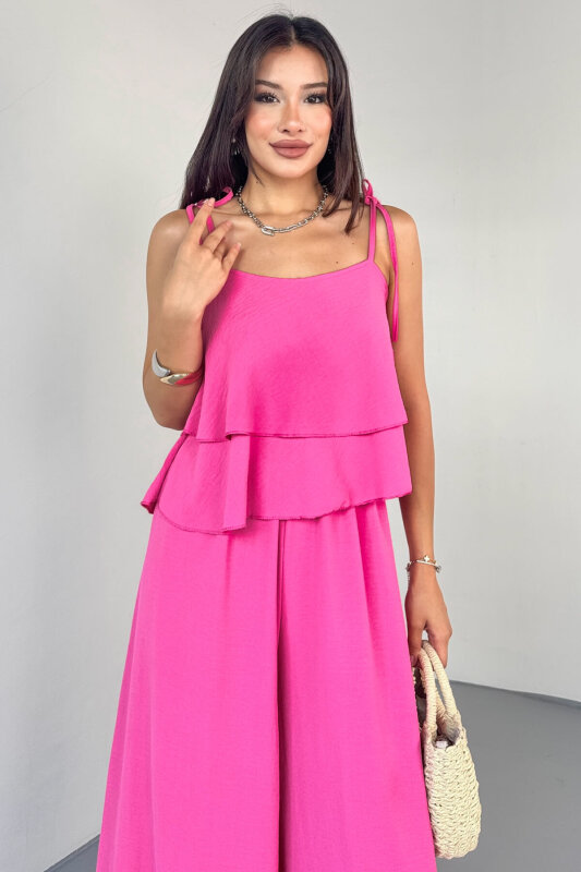 TKM-13323 Pembe Ayarlanabilir Askılı Dökümlü Bluz & Bel Lastikli Salaş Pantolon Koton İkili Takım - 5