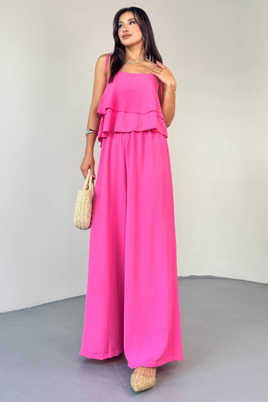 TKM-13323 Pembe Ayarlanabilir Askılı Dökümlü Bluz & Bel Lastikli Salaş Pantolon Koton İkili Takım - 8