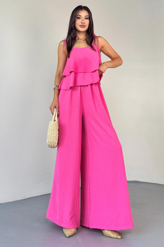 TKM-13323 Pembe Ayarlanabilir Askılı Dökümlü Bluz & Bel Lastikli Salaş Pantolon Koton İkili Takım - 9