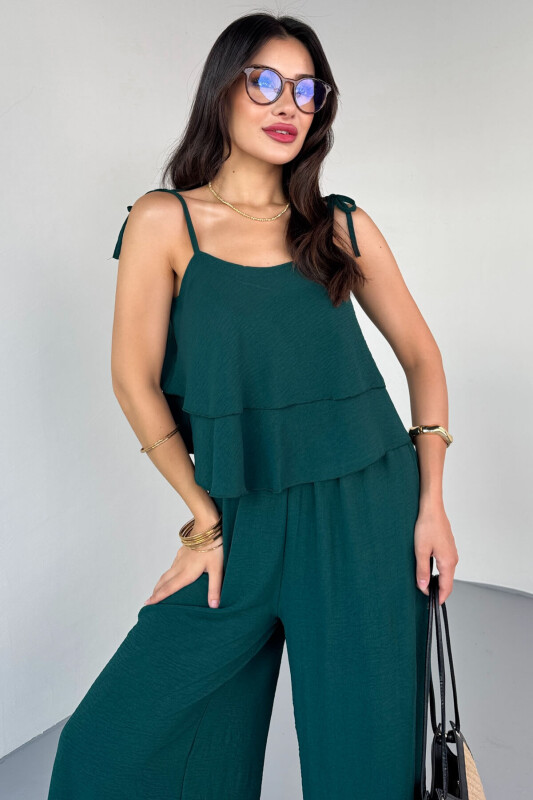 TKM-13323 Zümrüt Ayarlanabilir Askılı Dökümlü Bluz & Bel Lastikli Salaş Pantolon Koton İkili Takım - 2