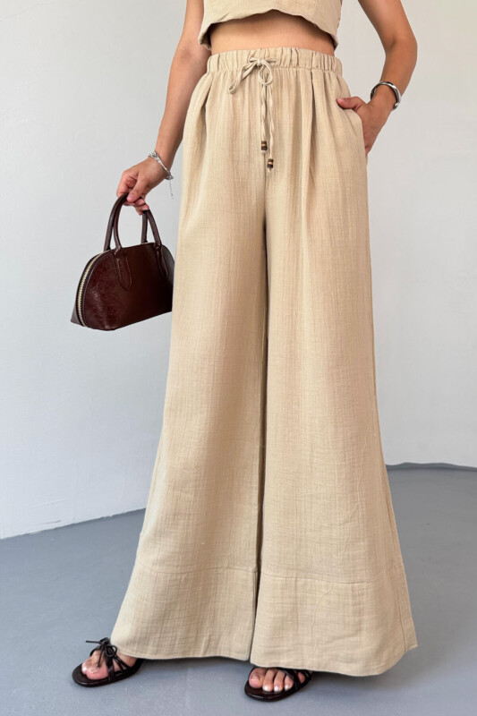 TKM-13324 Krem Bağlamalı Arka Lastik Detaylı Büstiyer & Salaş Geniş Paça Pantolon İkili Takım - 6