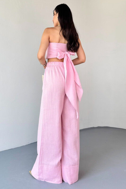 TKM-13324 Pembe Bağlamalı Arka Lastik Detaylı Büstiyer & Salaş Geniş Paça Pantolon İkili Takım - 3