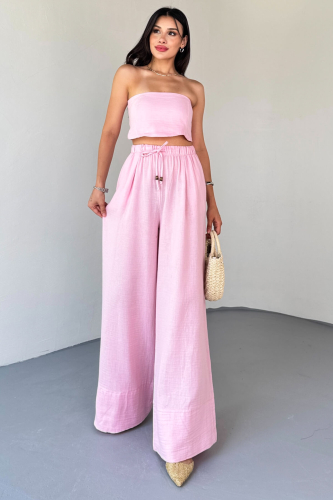 TKM-13324 Pembe Bağlamalı Arka Lastik Detaylı Büstiyer & Salaş Geniş Paça Pantolon İkili Takım - 4