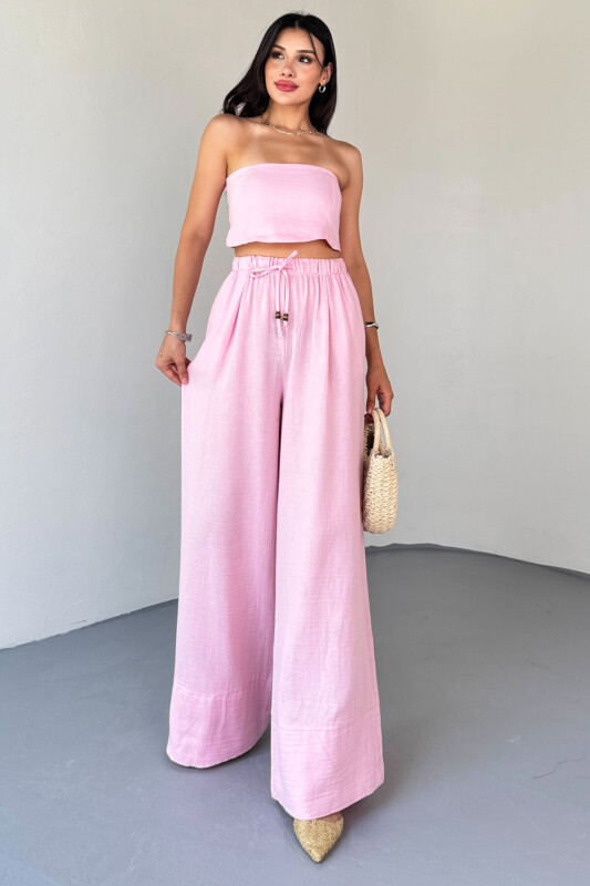 TKM-13324 Pembe Bağlamalı Arka Lastik Detaylı Büstiyer & Salaş Geniş Paça Pantolon İkili Takım - 4