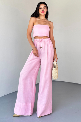 TKM-13324 Pembe Bağlamalı Arka Lastik Detaylı Büstiyer & Salaş Geniş Paça Pantolon İkili Takım - 1