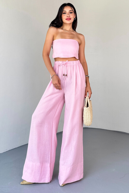 TKM-13324 Pembe Bağlamalı Arka Lastik Detaylı Büstiyer & Salaş Geniş Paça Pantolon İkili Takım - 1