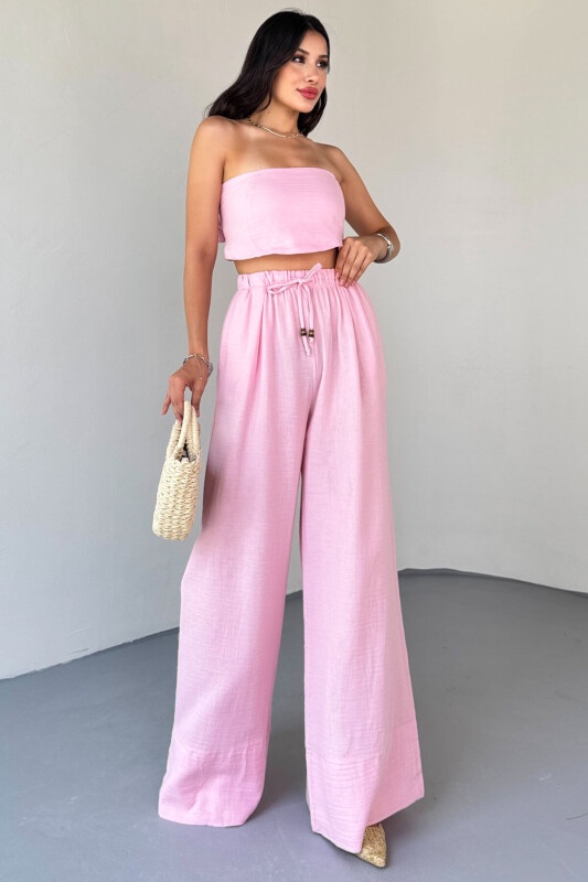 TKM-13324 Pembe Bağlamalı Arka Lastik Detaylı Büstiyer & Salaş Geniş Paça Pantolon İkili Takım - 5