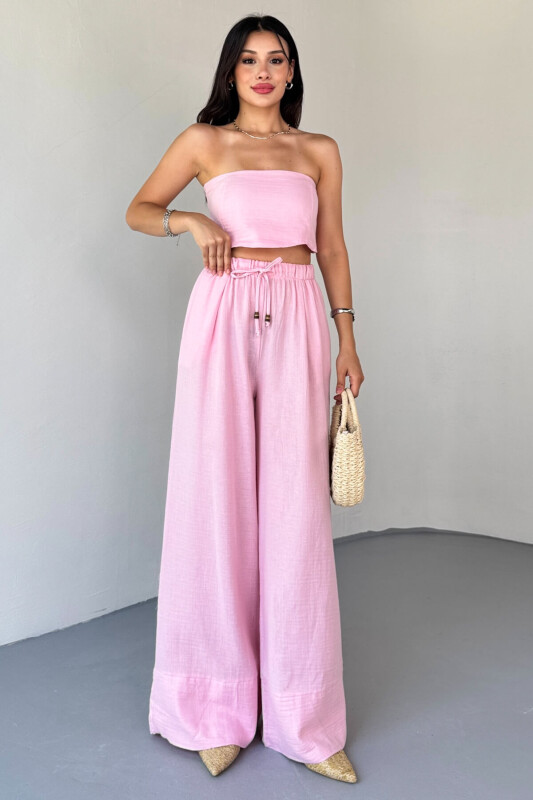 TKM-13324 Pembe Bağlamalı Arka Lastik Detaylı Büstiyer & Salaş Geniş Paça Pantolon İkili Takım - 6