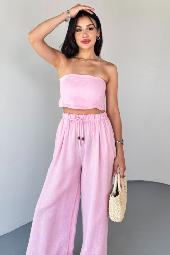TKM-13324 Pembe Bağlamalı Arka Lastik Detaylı Büstiyer & Salaş Geniş Paça Pantolon İkili Takım - 2