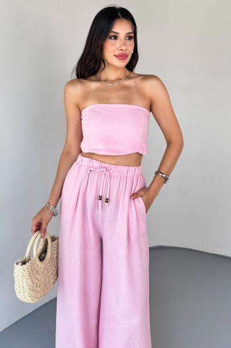 TKM-13324 Pembe Bağlamalı Arka Lastik Detaylı Büstiyer & Salaş Geniş Paça Pantolon İkili Takım - 9