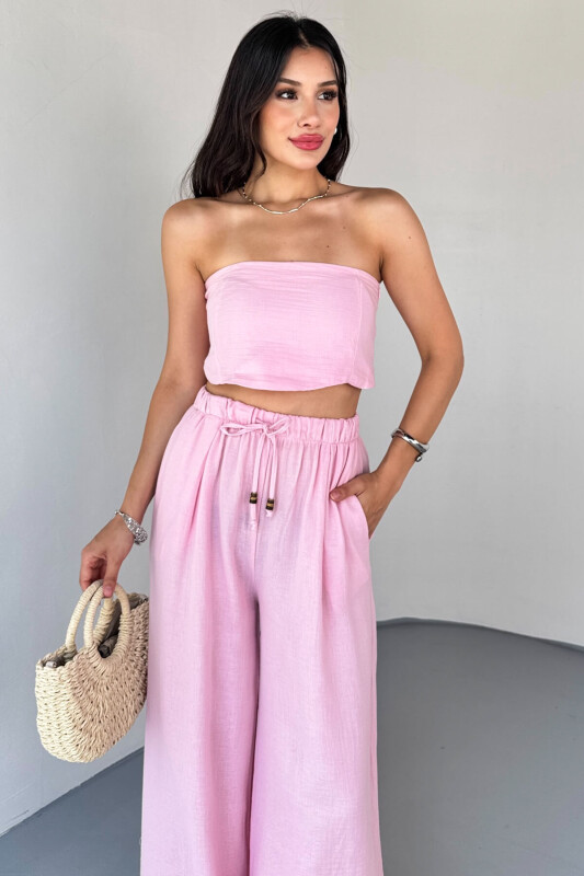 TKM-13324 Pembe Bağlamalı Arka Lastik Detaylı Büstiyer & Salaş Geniş Paça Pantolon İkili Takım - 9